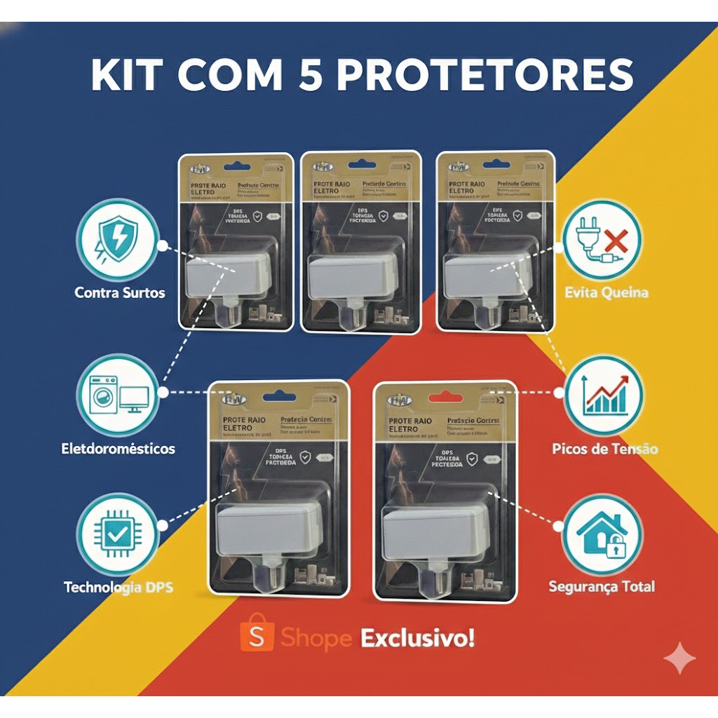 Kit com 5 Protetores de Raio PW Eletro 2 Tomadas 10A - O Mais Vendido