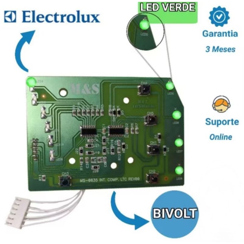 Placa Interface Electrolux Led Verde LTC10 / LTC12 / LTC15 / LT11F / LT12F / LT15F 64500135