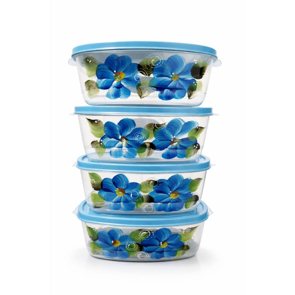 Kit 4 Potes Retangulares 1500ml Decorados Plástico Resistente Mantimentos Freezer Micro-ondas