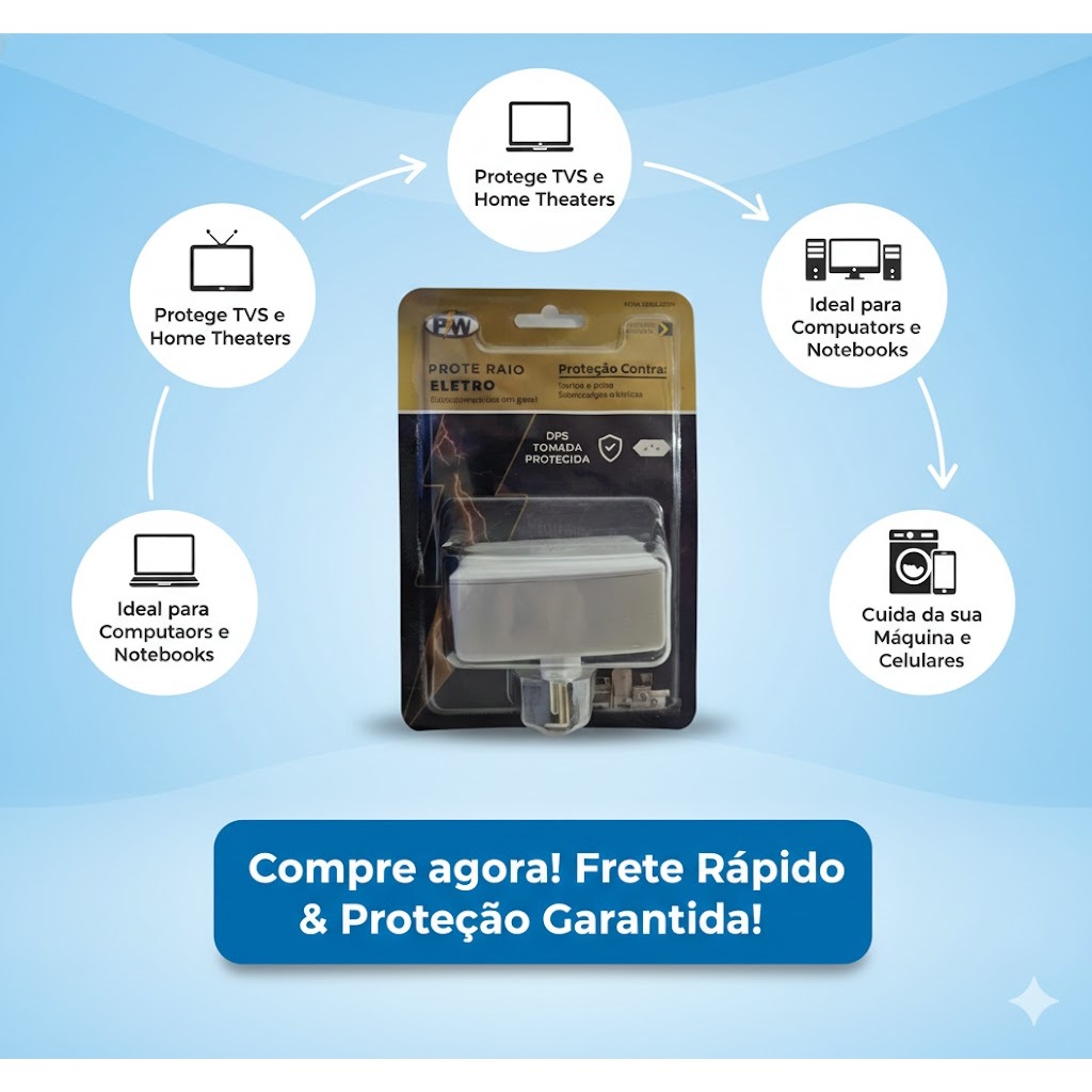 Protetor Contra Raios e Descargas/Picos de Energia - Protetor de Raio PW Eletro 2 Tomadas 127V/220v