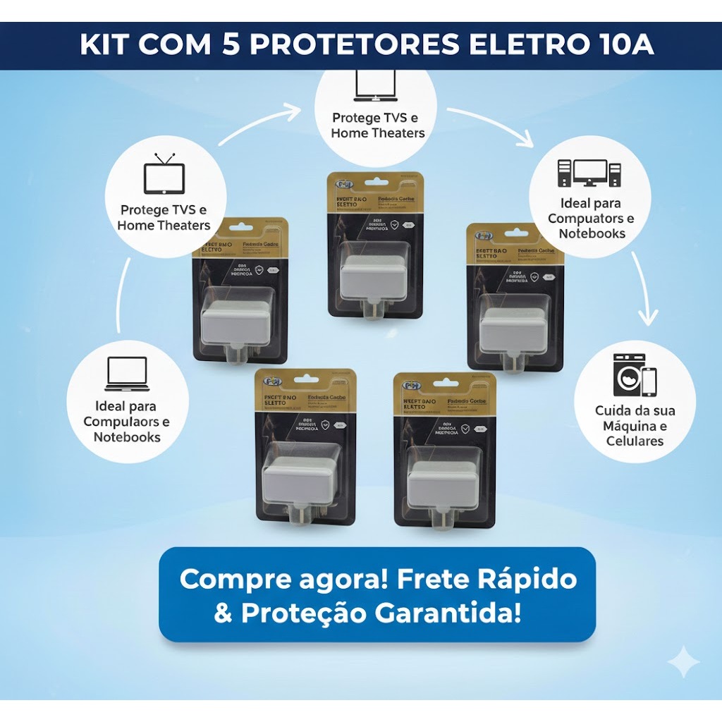 Kit com 5 Protetores de Raio PW Eletro 2 Tomadas 10A - O Mais Vendido