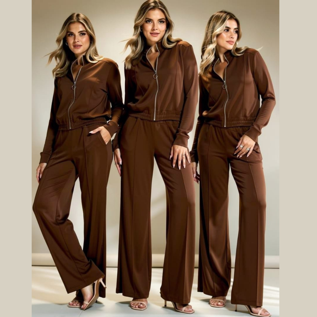 Conjunto Feminino Moletinho Premium  Jaqueta Zíper Gola Alta e Calça Pantalona Com Elástico Inverno Outono