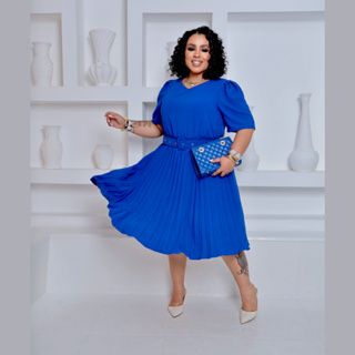 Vestido Midi Plissado Feminino Plus Size com Cinto Evangélica Casual Conservador em Oferta na Shopee