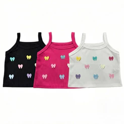Blusa Cropd De Menina Regata Canelada Aplique De Lacinhos Coloridos Moda Infantil Verão Luxo