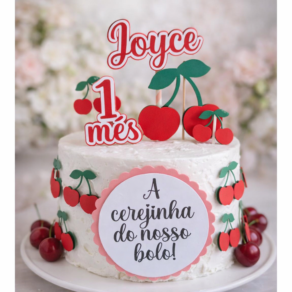 Topo de Bolo Infantil Cerejinha Personalizado com Nome e Idade – Mesversário / Aniversário