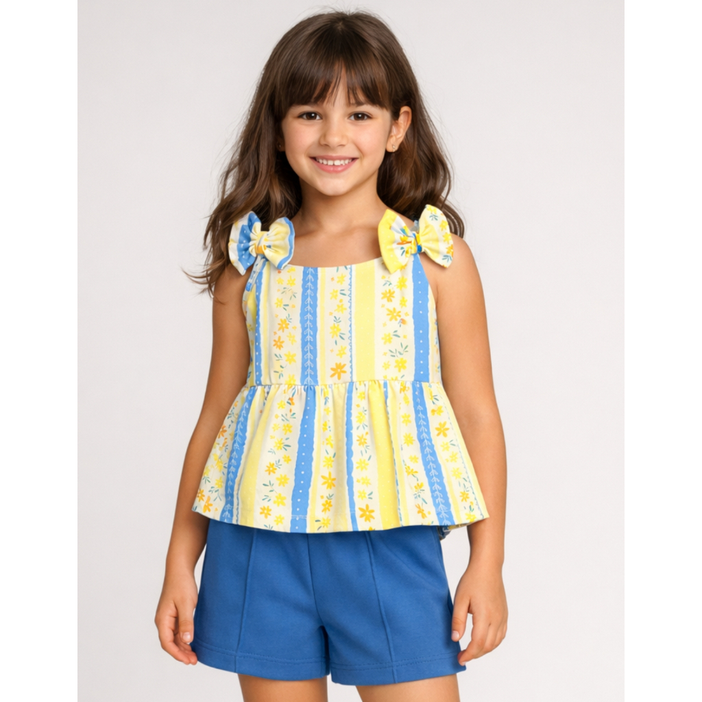Conjunto Infantil Feminino Verão Blusa com Alças Suplex Shorts em Moletinho