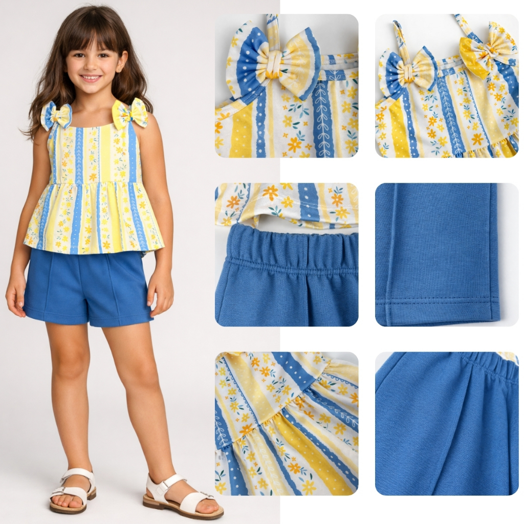 Conjunto Infantil Verão com Laços – Blusa Suplex 96%Poliéster 4%Elastano+Short Moletinho 100%Algodão