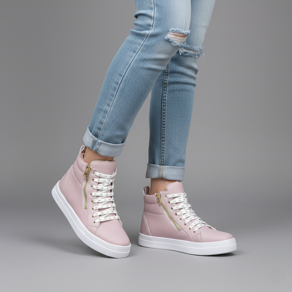 Tênis Bota Feminino Rosa Cano Médio Com Zíper Lateral Dourado Sneaker Casual Conforto Moda Blogueira