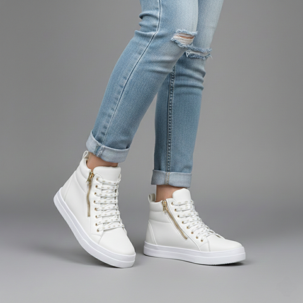Tênis Bota Feminino Branco Cano Médio Zíper Lateral Dourado Sneaker Casual Conforto Moda Blogueira