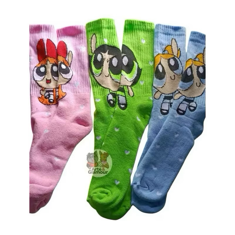 Meias divertidas Meninas Super Poderosas Docinho Lindinha florzinha feminino Adulto 32 ao 39 TAM pronta entrega