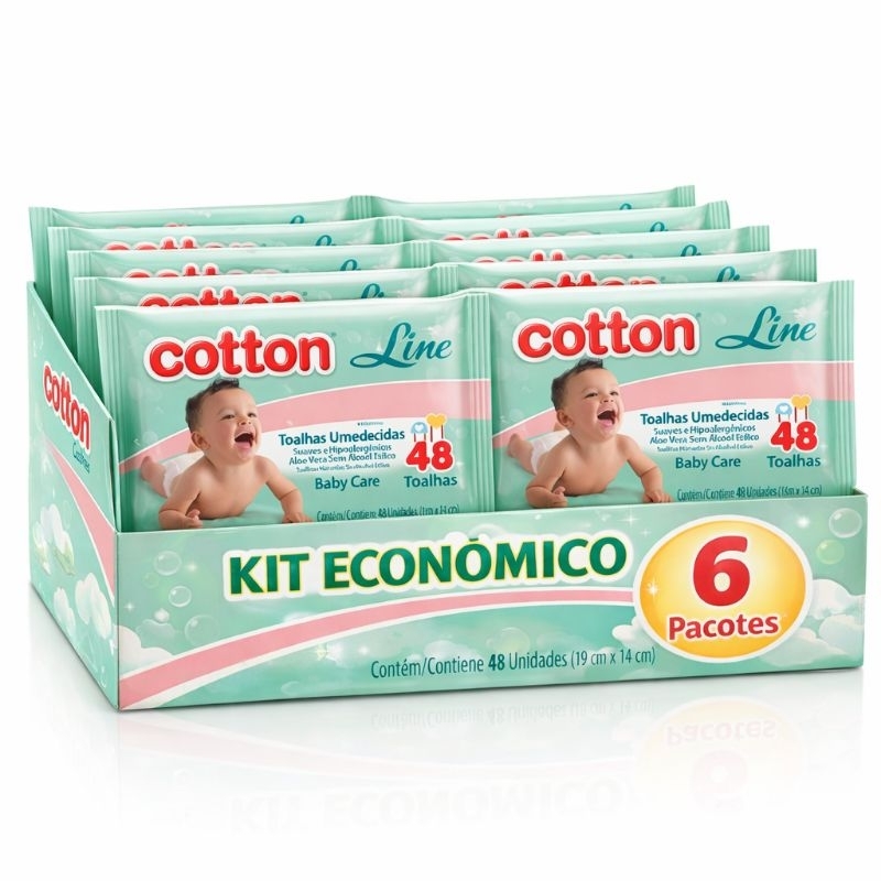 Kit Lenço Umedecido para Bebê Cotton Line Baby Care 48 Toalhas – 6 Pacotes | Suave, Hipoalergênico e Sem Álcool