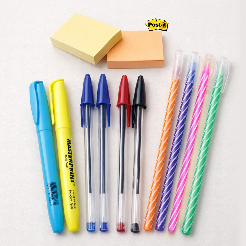 Imagem Kit Escrita 4 Canetas Coloridas + 4 Canetas Bic + 2 Marca Texto + 2 Postit | Ponta Fina - Estudo, Concurso,  Escritório