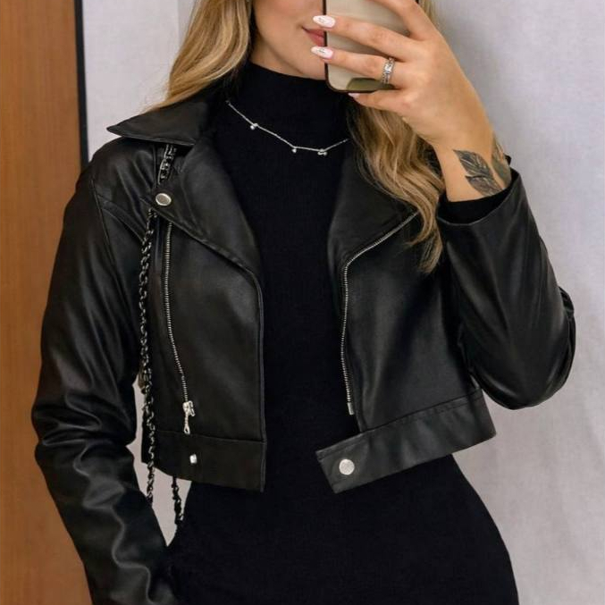 Jaqueta Feminina de Couro Sintético Cropped – Estilo Fashionista, Elegância e Atitude para Qualquer Ocasião em Oferta na Shopee