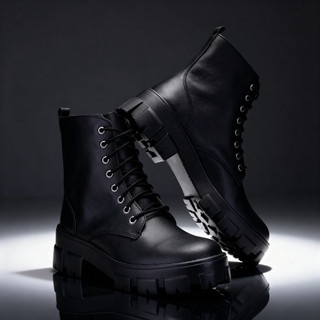 Coturno Feminino Preto Tratorado Sola Chunky Militar Cadarço Confortável Inverno Rock Blogueira Plataforma Estiloso