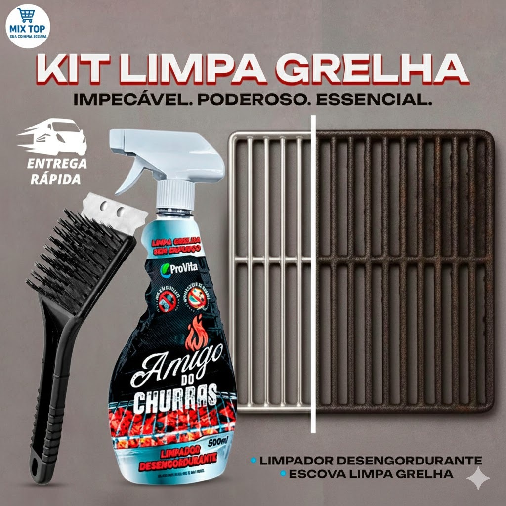 Kit Limpa Grelha  Amigo do Churras 500ml + Escova de Aço Remove Gordura Incrustada em Oferta na Shopee
