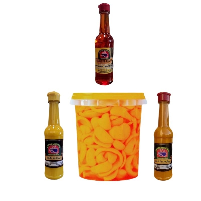 Pequi Fatiado Natural+Molho Pequi com Pimenta 145 ml+Molho Pequi 145 ml+Óleo de Pequi 145 ml