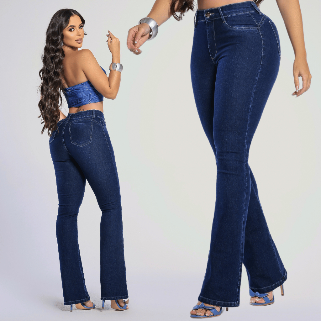 Calca Feminina Jeans Flare Lycra com Elastano Cintura Alta Empina Bumbum Barra Larga Plus size em Oferta na Shopee