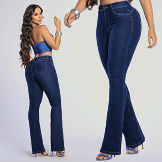 Calca Feminina Jeans Flare Lycra com Elastano Cintura Alta Empina Bumbum Barra Larga Plus size em Oferta na Shopee