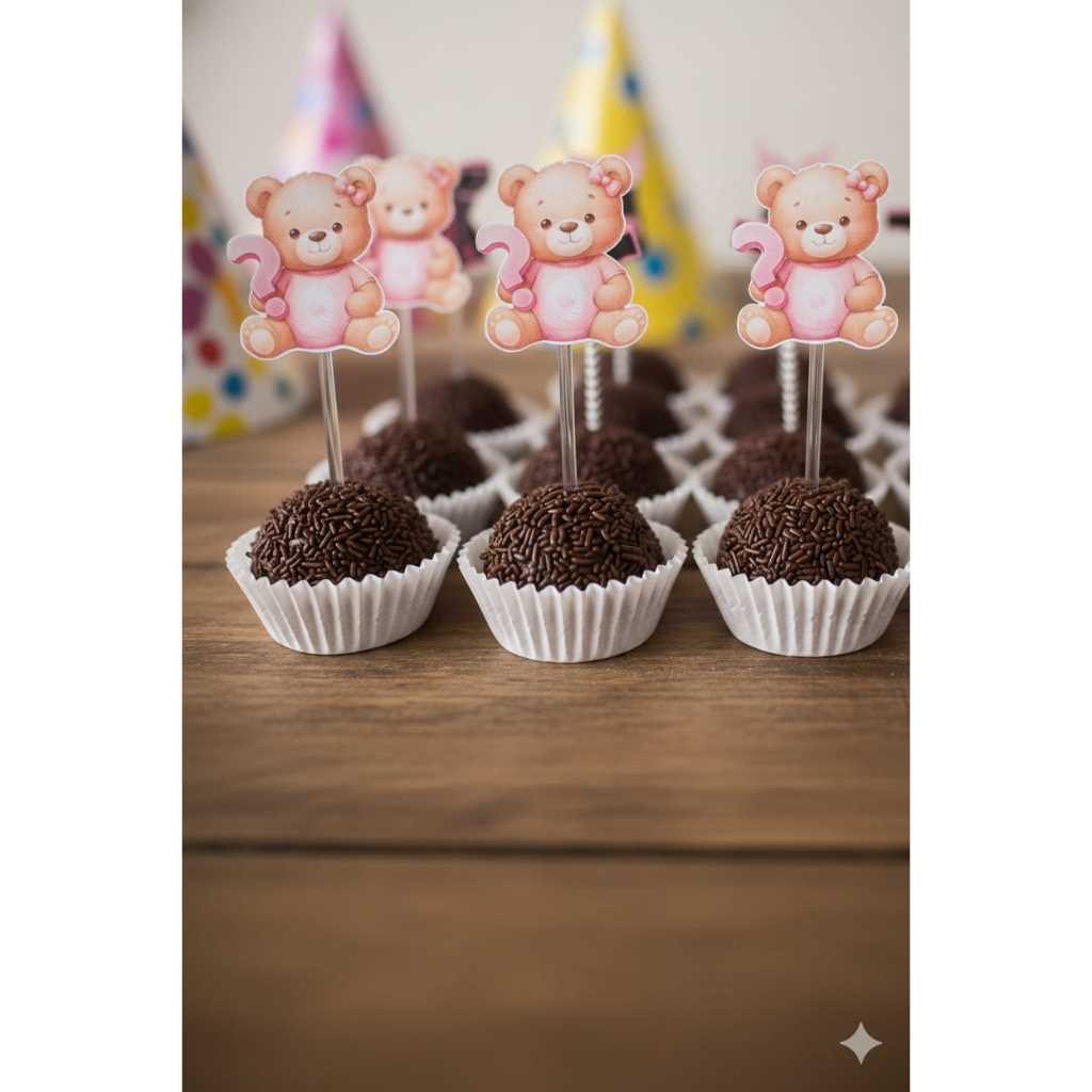 Topper para docinhos Chá Revelação e Chá de berço e Chá de fraldas tema ursinho menina rosa