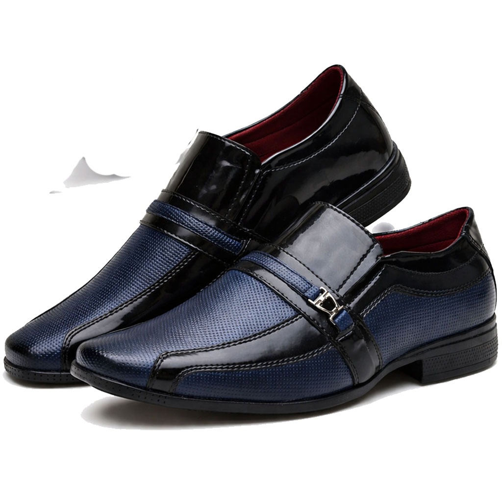 Sapato Social Masculino Preto Com Azul Verniz 107 Leve Confortavel