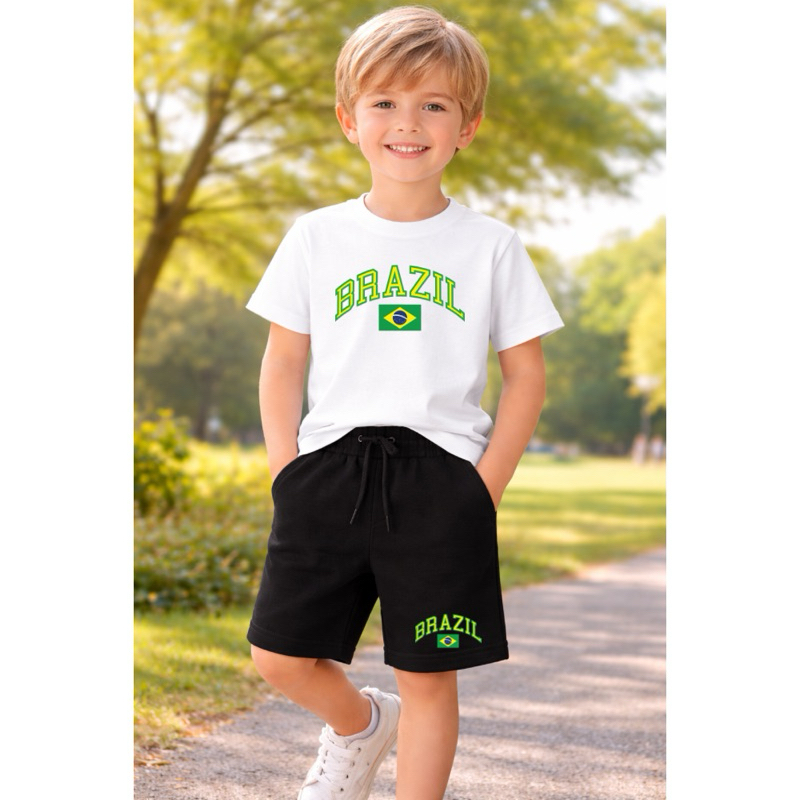 kit Camiseta e Bermuda Moletinho Infantil Estampa Brasil Copa do Mundo 2026