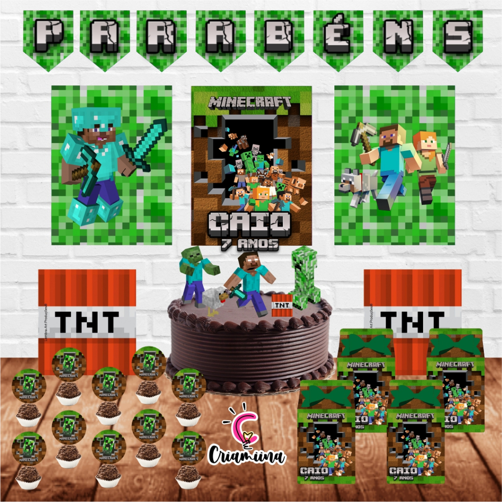 Kit so um bolinho Minecraft Personalizado - 21 itens - Festa Minecraft - Aniversario - Lembrancinha para Festa