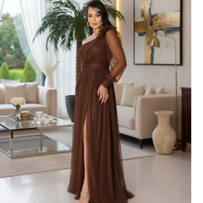 Vestido Longo Elegante Feminino Madrinha Social Casamento com una manga Transparente