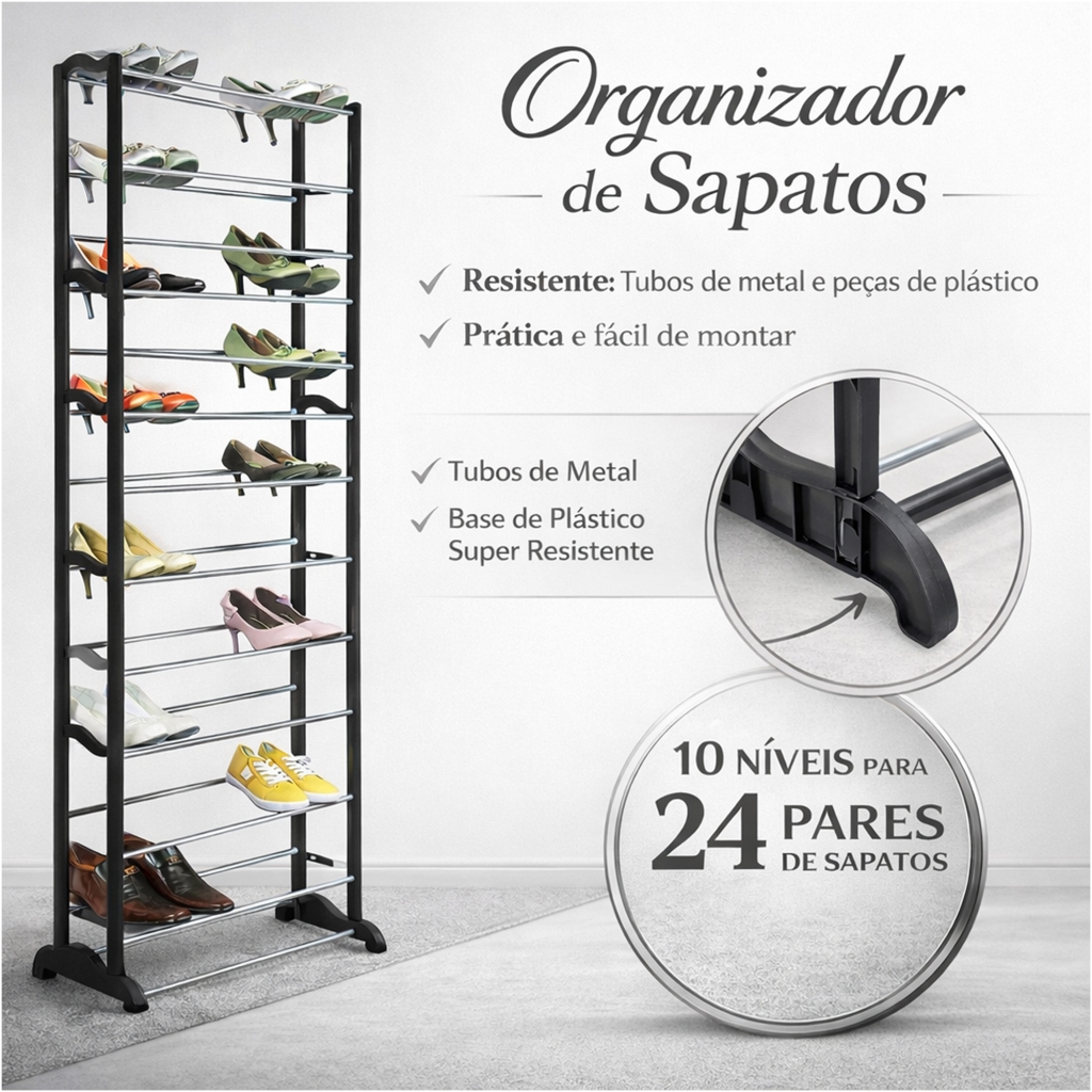 Sapateira Vertical 30 Pares 10 Prateleiras Estrutura de Metal Plástico Resistente Sapateira Compacta