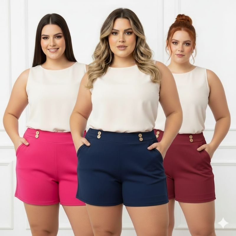 short feminino plus size G1 G2 G3 no tecido malha crepe TEM BOTÕES em Oferta na Shopee