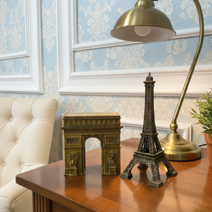 Kit Paris Decorativo Torre Eiffel + Arco do Triunfo Dourado Envelhecido Miniaturas Decorativas Europa Decoração Clássica