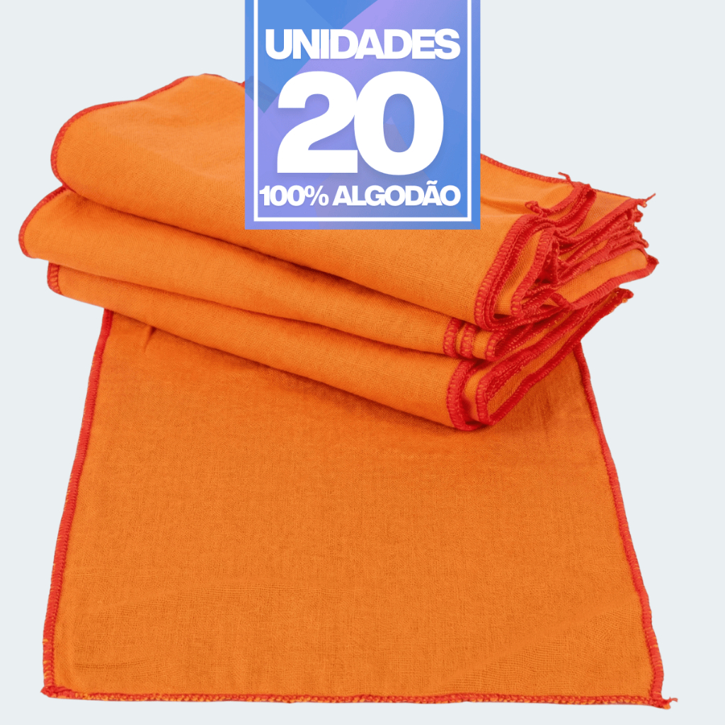 Fardo 20 Flanelas Laranja 38x28cm em Algodão | Cantos com Overloque | Multiuso para Limpeza Casa e Automotiva