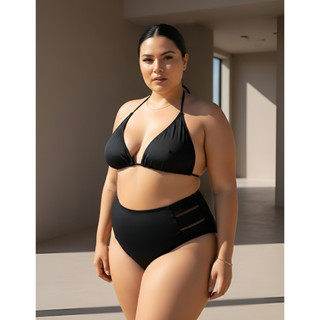 Biquíni Plus Size Feminino Cintura Alta Praia Cortininha Top Três Tiras