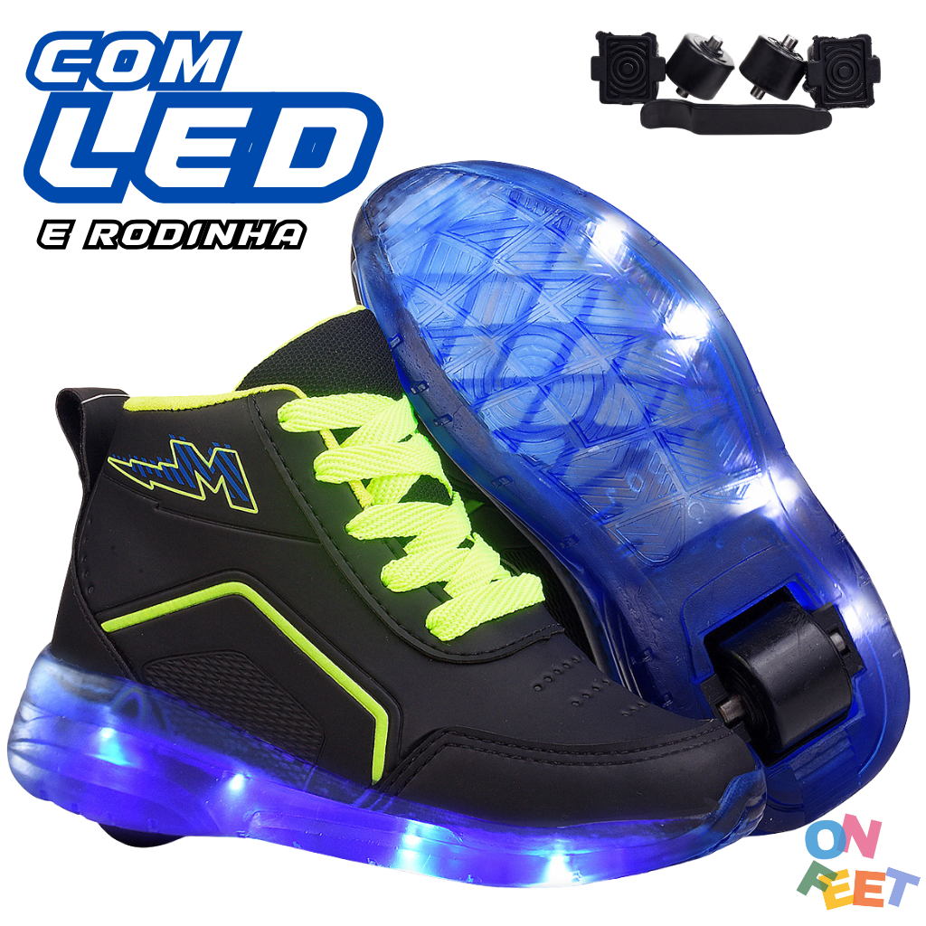 Tênis Infantil Menino Rodinha com LED Azul Ajuste em Cadarço - Minipé