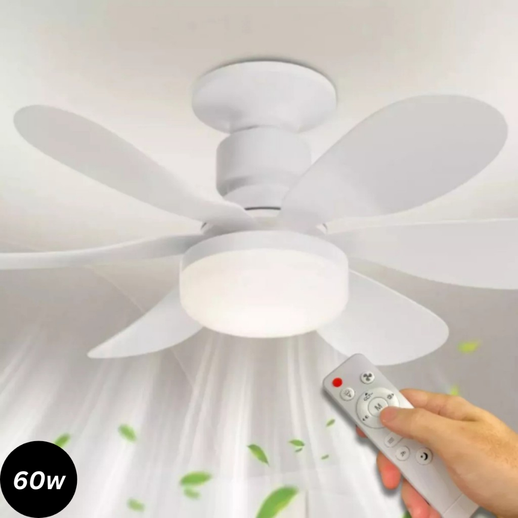 Ventilador Luminária Led 6 Pás 60W Lâmpada Soquete Bocal E27 Teto 3 Cores Luz Branco Amarelo Bivolt