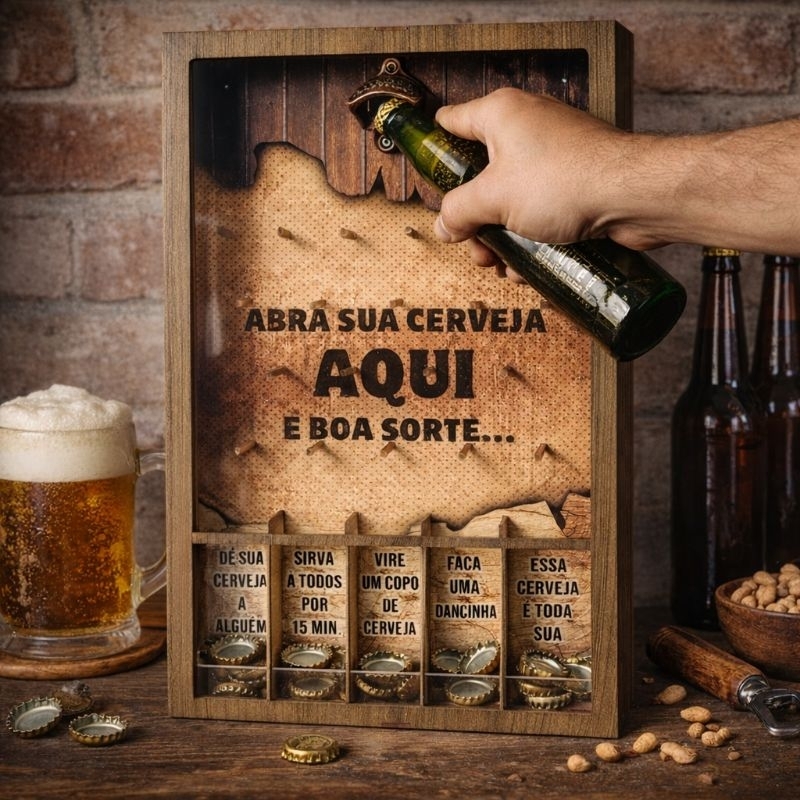 Jogo de Tampinhas com Abridor de Garrafas Premium, quadro cofre.
