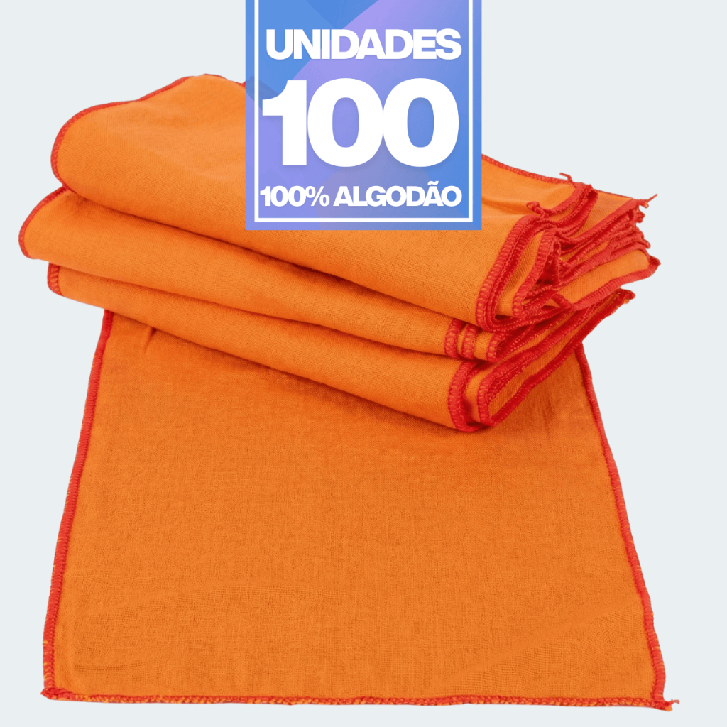 Atacado Kit 100 Flanelas Laranja 38x28cm Algodão | Cantos Overloque | Revenda e Uso Profissional