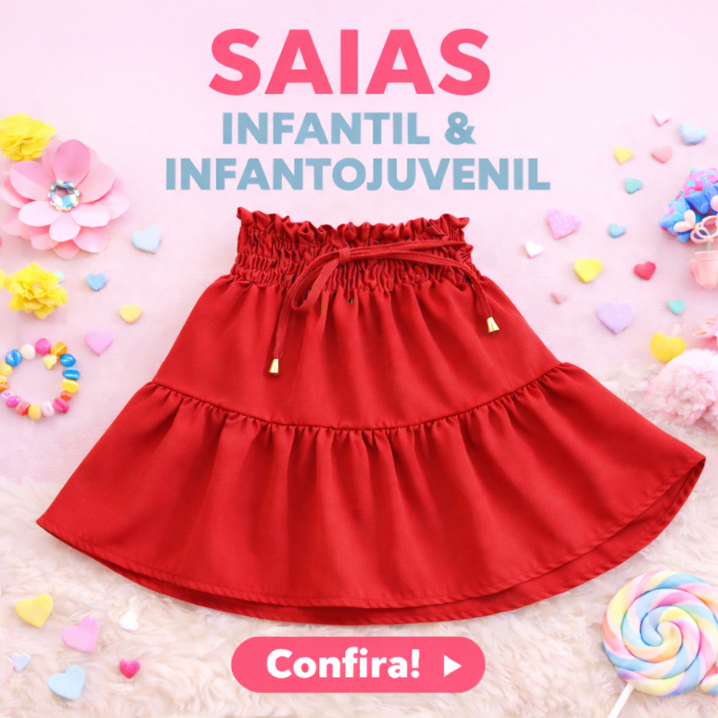 Saias infantil e infanto-juvenil com elástico na cintura, roupas para crianças e adolescente