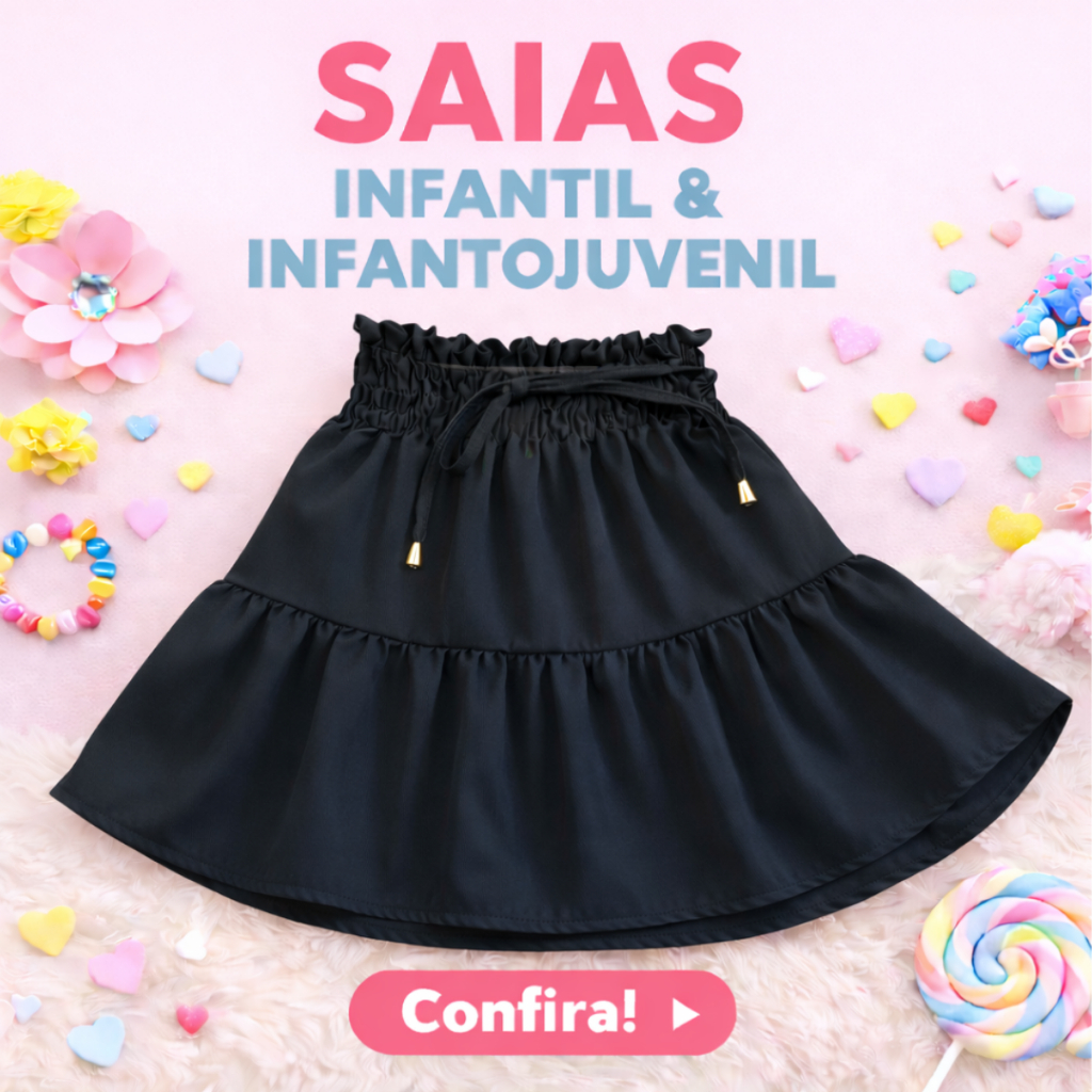 Saias infantil e infanto-juvenil com elástico na cintura, roupas para crianças e meninas