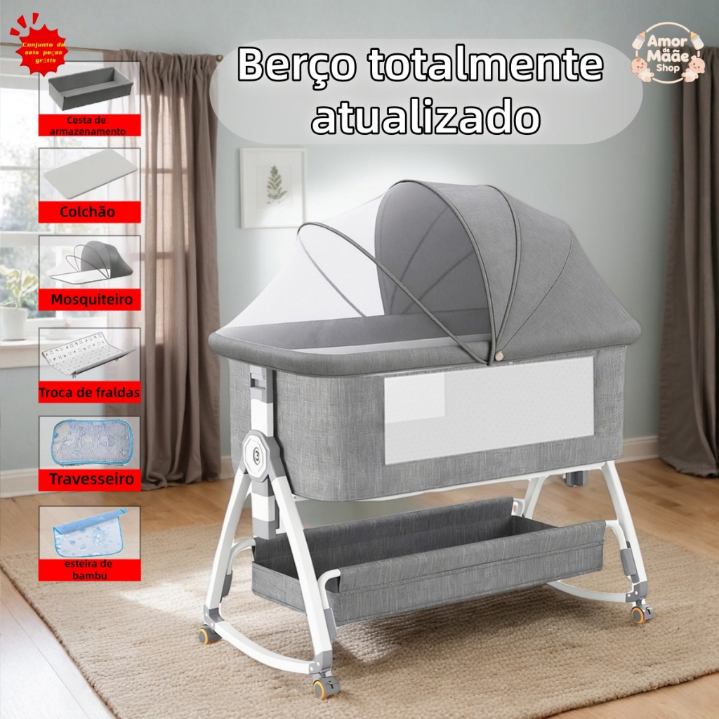 Berço Portátil Moises Co-bed Com Balanço Mosquiteiro e Cesto Regulagem de Altura em Oferta na Shopee