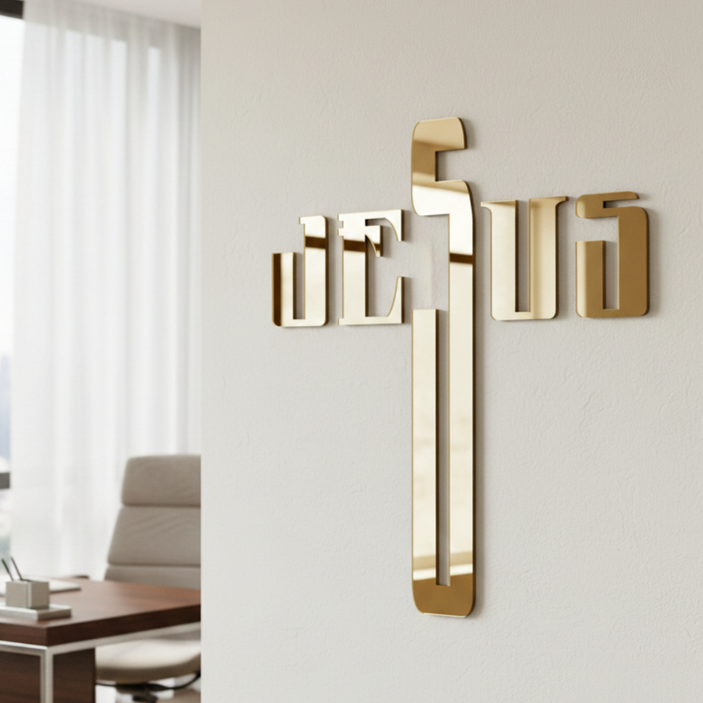Quadro Jesus Cruz Letreiro Acrílico Espelhado Dourado Prata Preto Para Sala/Quarto/Igreja/Púlpito