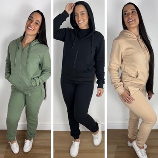 Conjunto Moletom Feminino Zíper Capuz Flanelado Casual Confortável em Oferta na Shopee