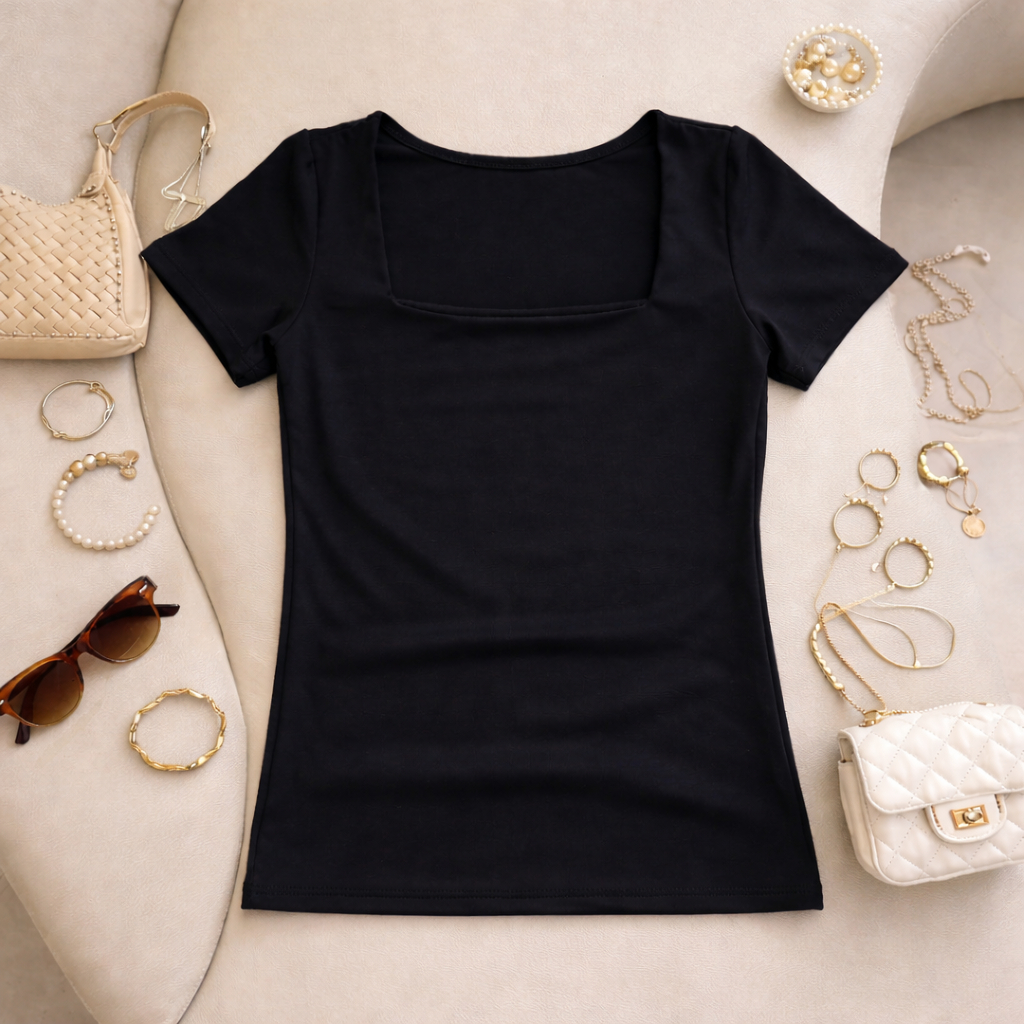 Blusas Feminina Baby Look Manga Curta Gola Quadrada Suplex Decote Quadrado Moda Versátil Blogueira