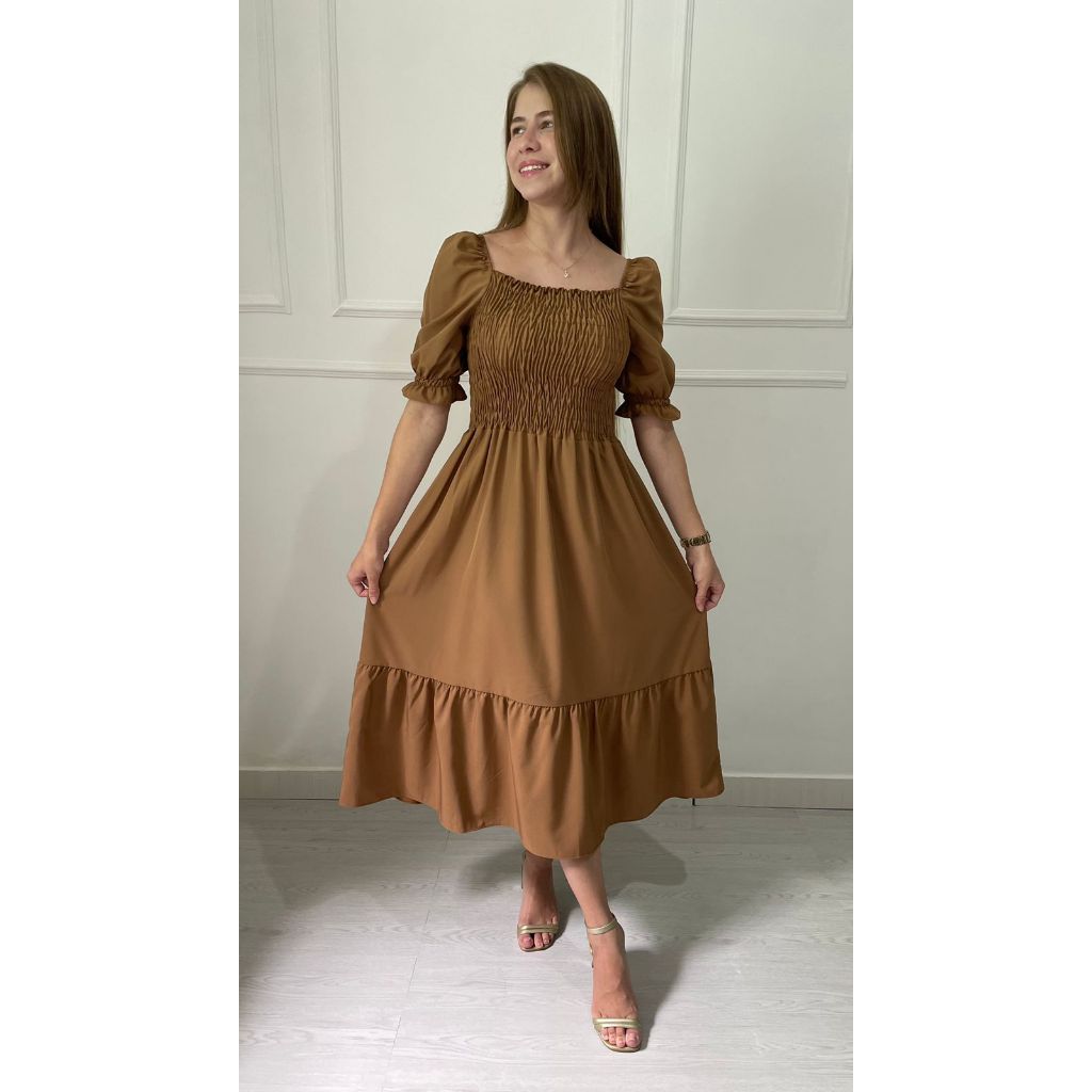 Vestido Midi Feminino Lastex Cintura Marcada Casual em Oferta na Shopee