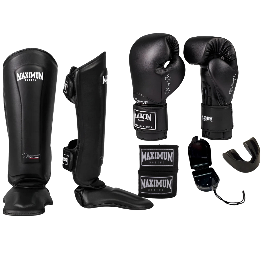 KIT MAXIMUM - LUVA MUAY THAI - VERMELHA - PRETA - AZUL - BRANCA + CANELEIRA + BANDAGEM + BUCAL