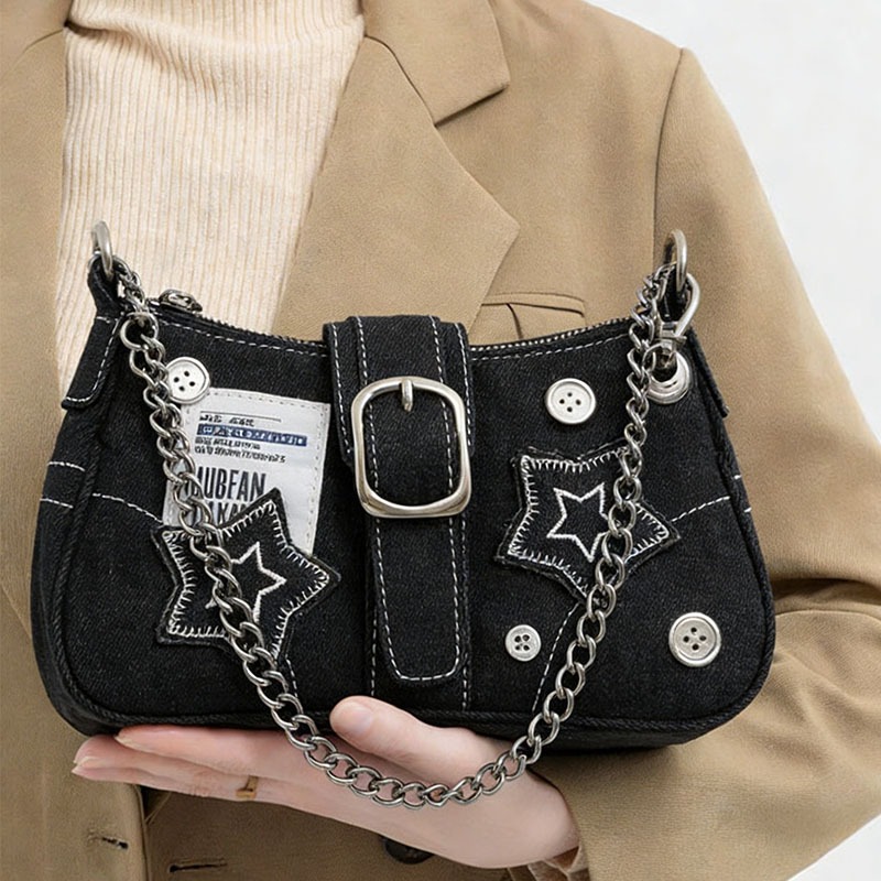 Bolsa de Ombro Feminina Estilo Y2K,Bolsa Leve com Corrente Metálica,Material Jeans,Bolsa Feminina Pequena Transversal