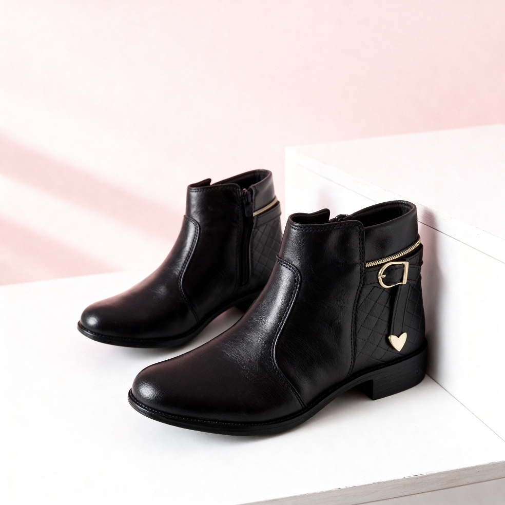 Bota Feminina Preta Cano Curto Zíper Lateral Fivela Dourada Salto Baixo Elegante Confortável Inverno Ankle Boot