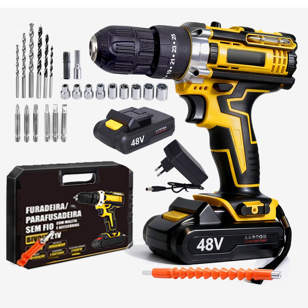 Parafusadeira e Furadeira de Impacto 48V Sem Fio - Kit Completo com 2 Baterias Recarregáveis e Maleta em Oferta na Shopee