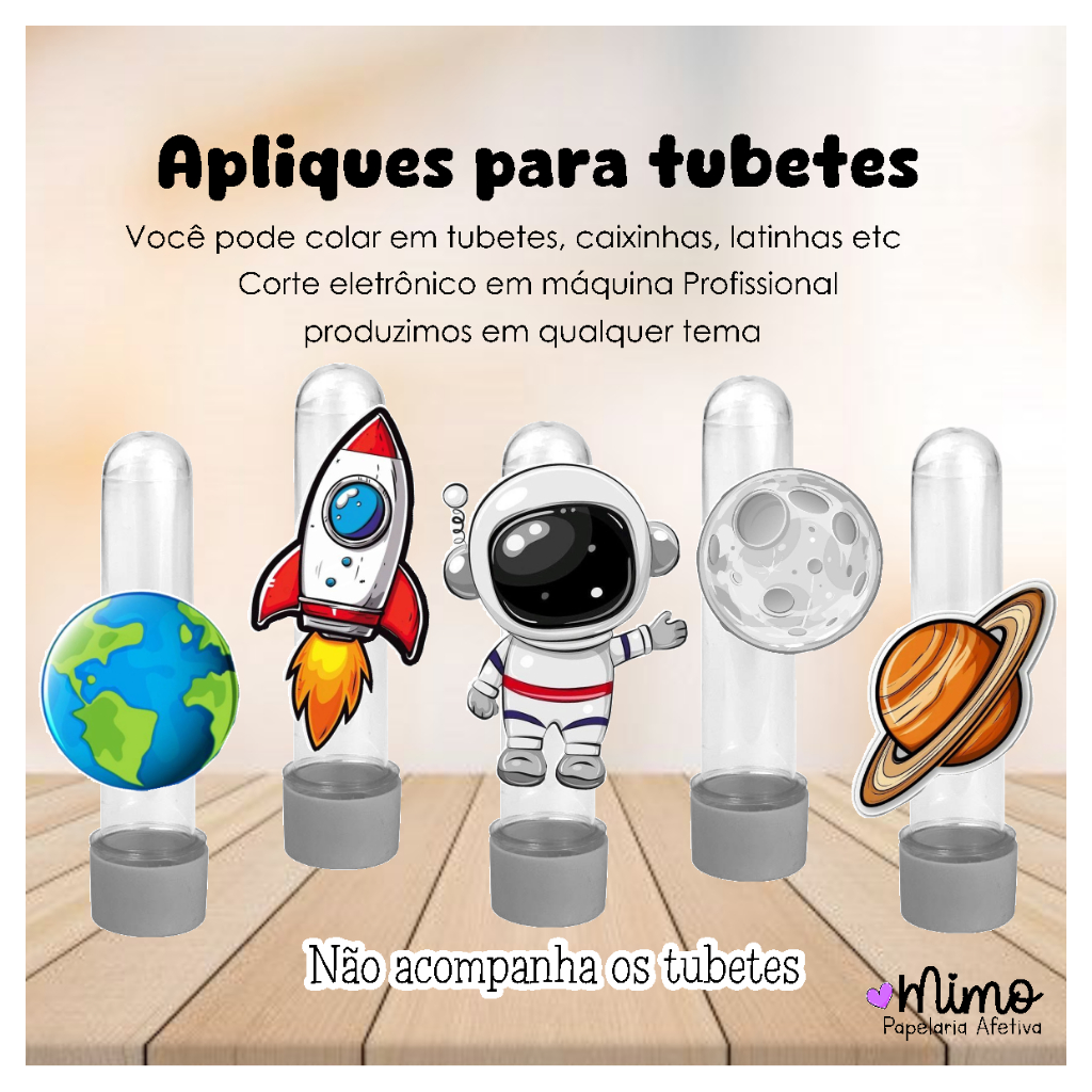 Kit Aplique 3D Astronauta 8cm para Tubete – Papel Fotográfico Festa Infantil (15, 30 ou 45 un)