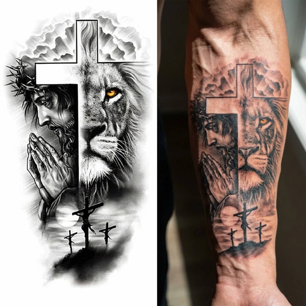 Tatuagens Temporárias Realistas da Coroa Leão Compasso para Homen Tatuagem Falsa À Prova d'Água Semipermanente Removível