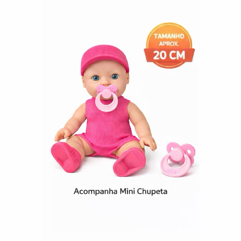 Boneca Bebê Infantil 20cm Rosa com Mini Chupeta | Bonequinha Menina Brinquedo